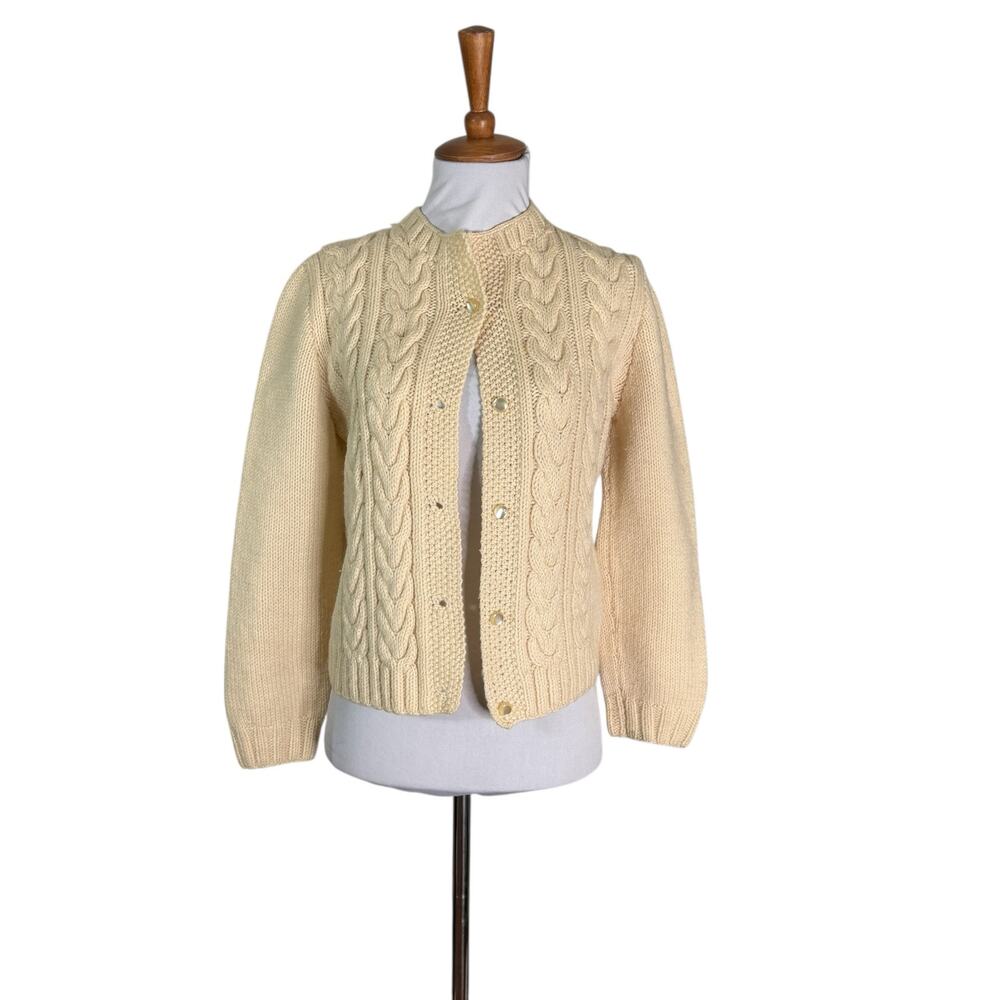 Vintage Cream Cable Knit Fisherman Cardigan Sweater M - Picture 2 of 5